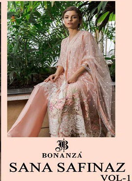 Bonanza Sana Safinaz Vol 1 Latest Heavy Fancy Pakistanu Salwar Suit Collection Having Pure Cotton wWth Chikaari Work Top Semi Lawn Sleeves Digital Printed Bottom And Heavy Embroidery Net Dupatta